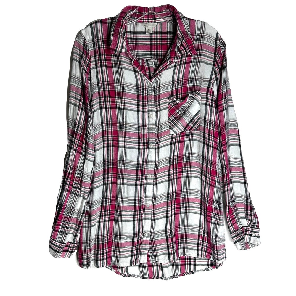 Cato est 1946 Womens Button Down Shirt Size Medium Red White Soft Plaid Top